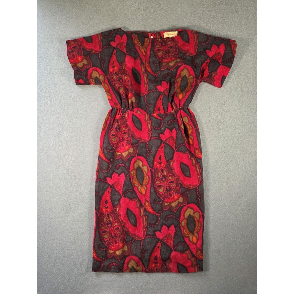 Vintage Sophisticates Dress Womens Small Red Floral Wool Short Sleeve A Line 60s
